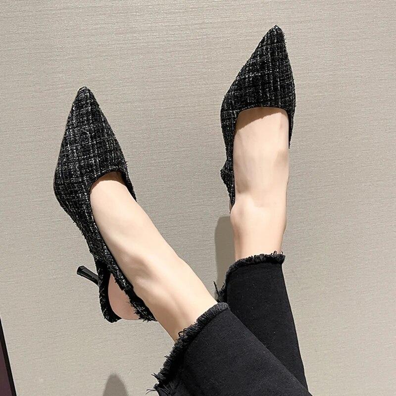 Summer French Style Small Fragrance High-heeled Bag Toe Back Empty Sandals Women's Stiletto Pointed Large Size Single Shoes