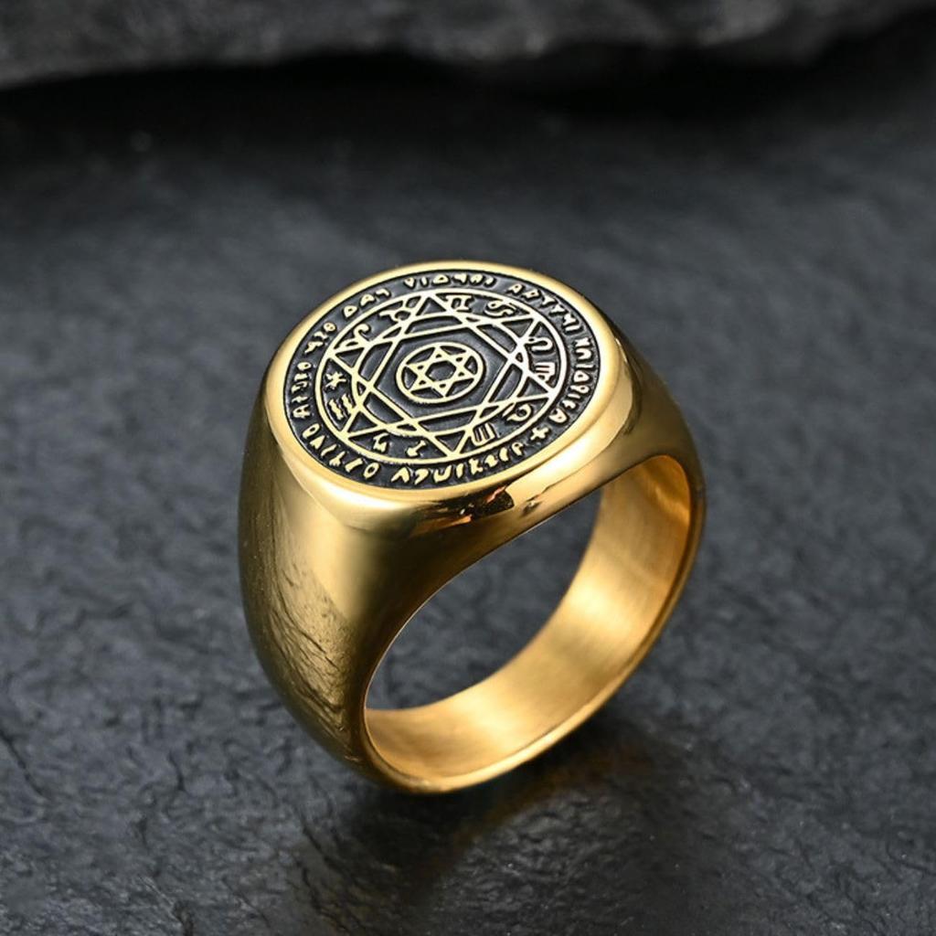 [Magic of Sedona] King Solomon's Magical Signet Ring, Men's Titanium Ring [Gold Color] [Size: US 9-JP 18 (Circumference = 59.4mm, Diameter = 18.9mm)]