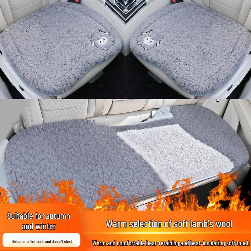 Women's Cute Cartoon Plush Winter 3-Piece Car Seat Cushion Set for Five-Seat Vehicles