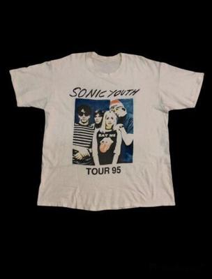 Rare! T-shirt Vintage SONIC YOUTH Tournée 1995 Unisexe blanc devant Côté. T-shirts unisexes
