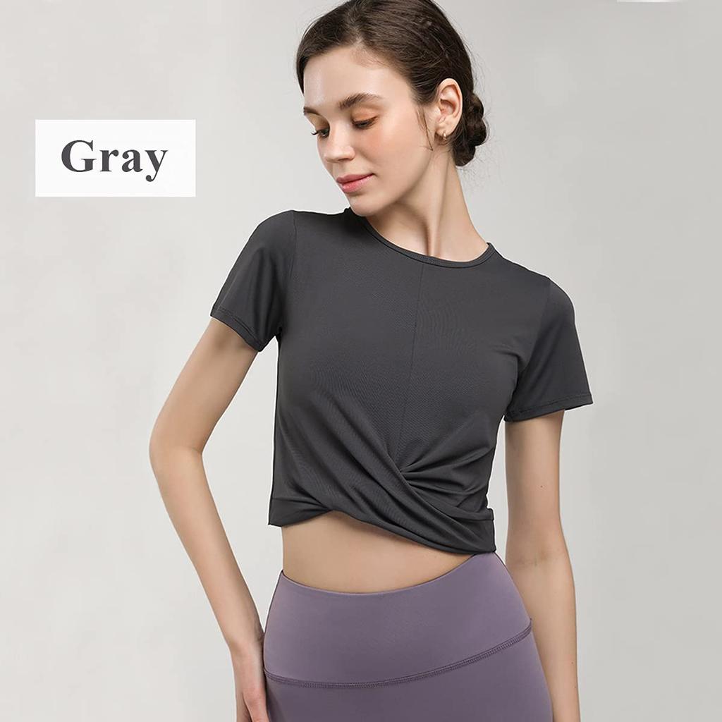 VeroMan Short Sleeve Cropped Yoga Size Women's T-Shirt (ppi-ssd5) (Gray, M)