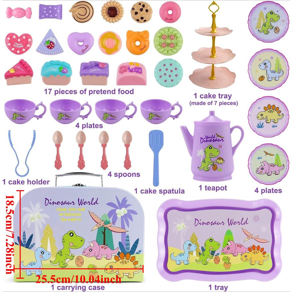 Dinosaurs Tea Party Set For Little Girls Pretend Teapot Set Princess Play Kitchen Plaything With Dessert Carrying Case Birthday Gifts