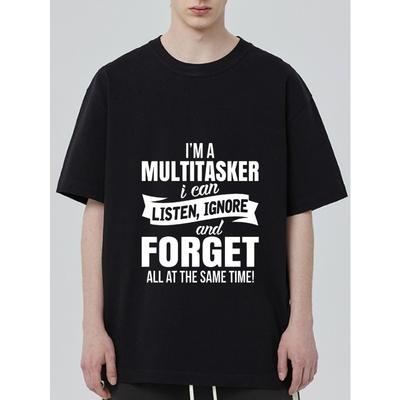T-shirt Nera con Stampa Testuale Multitasker Ascolta Ignora e Dimentica Abbigliamento Casual per Uomo e Donna Stile Streetwear Quotidiano