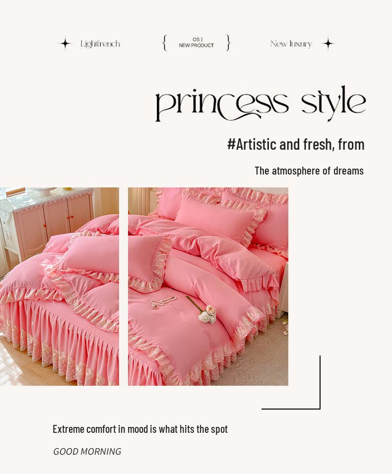 Princess Lace Ruffle Bed Skirt Set (3-4 Piece) - Pure Color Duvet Cover and Sheet.