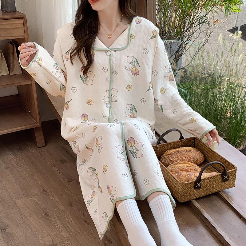 Umstandspajamakleid aus Luftbaumwolle für Herbst/Winter - Übergröße für pränatale, Krankenhaus- und postpartale/Stillzeit-Nutzung