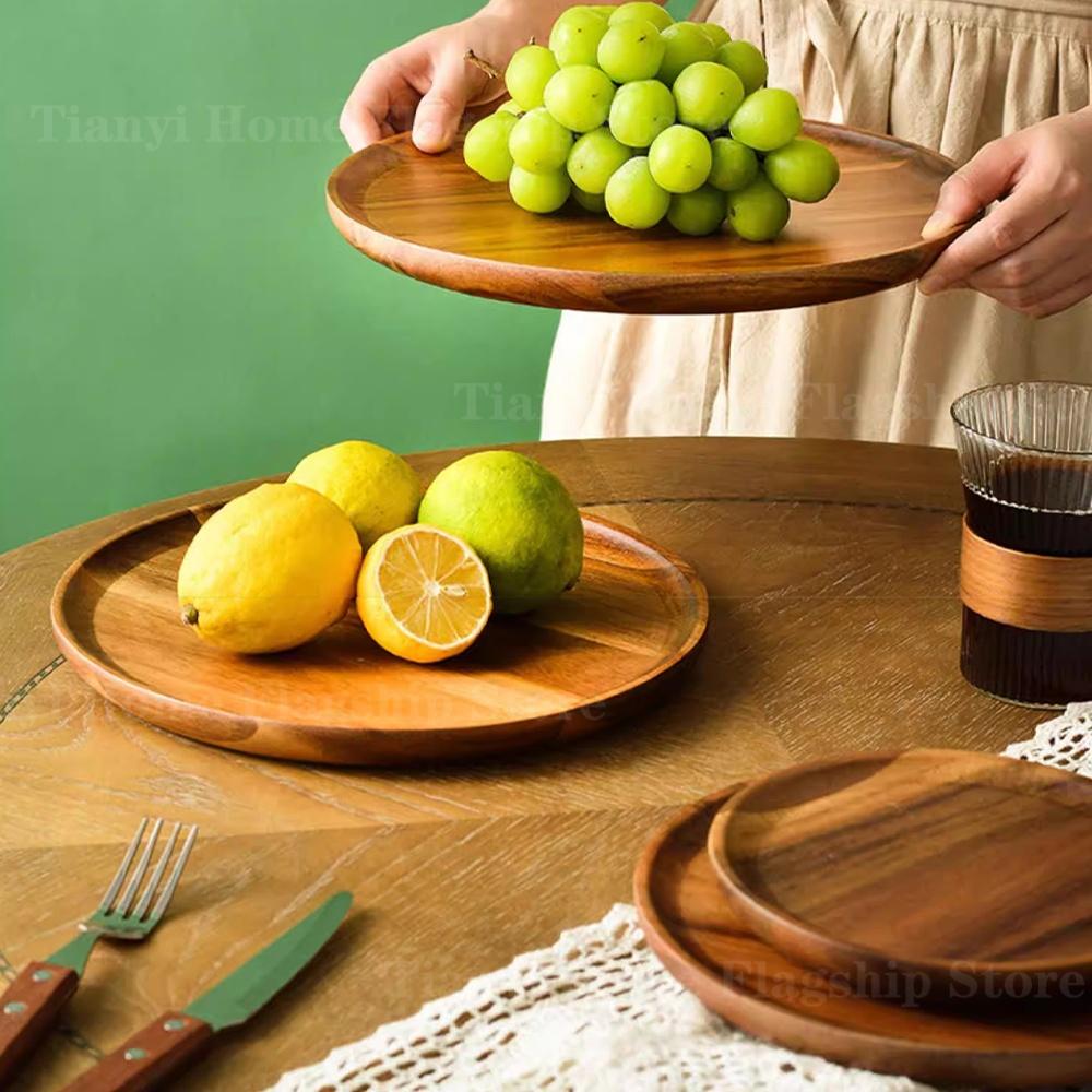Wooden Round Serving Platter Tray Home Wood Pizza Salad Plate Fruit Dessert Tray Bread Container Snacks Dish Kitchen Accessories