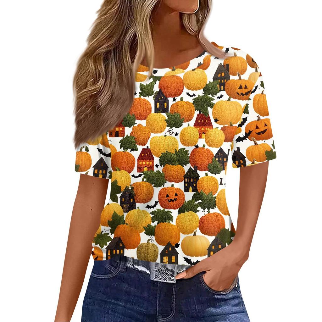 Women's Fashionable Casual Short Sleeve Halloween Print Round Neck Pullover Top
