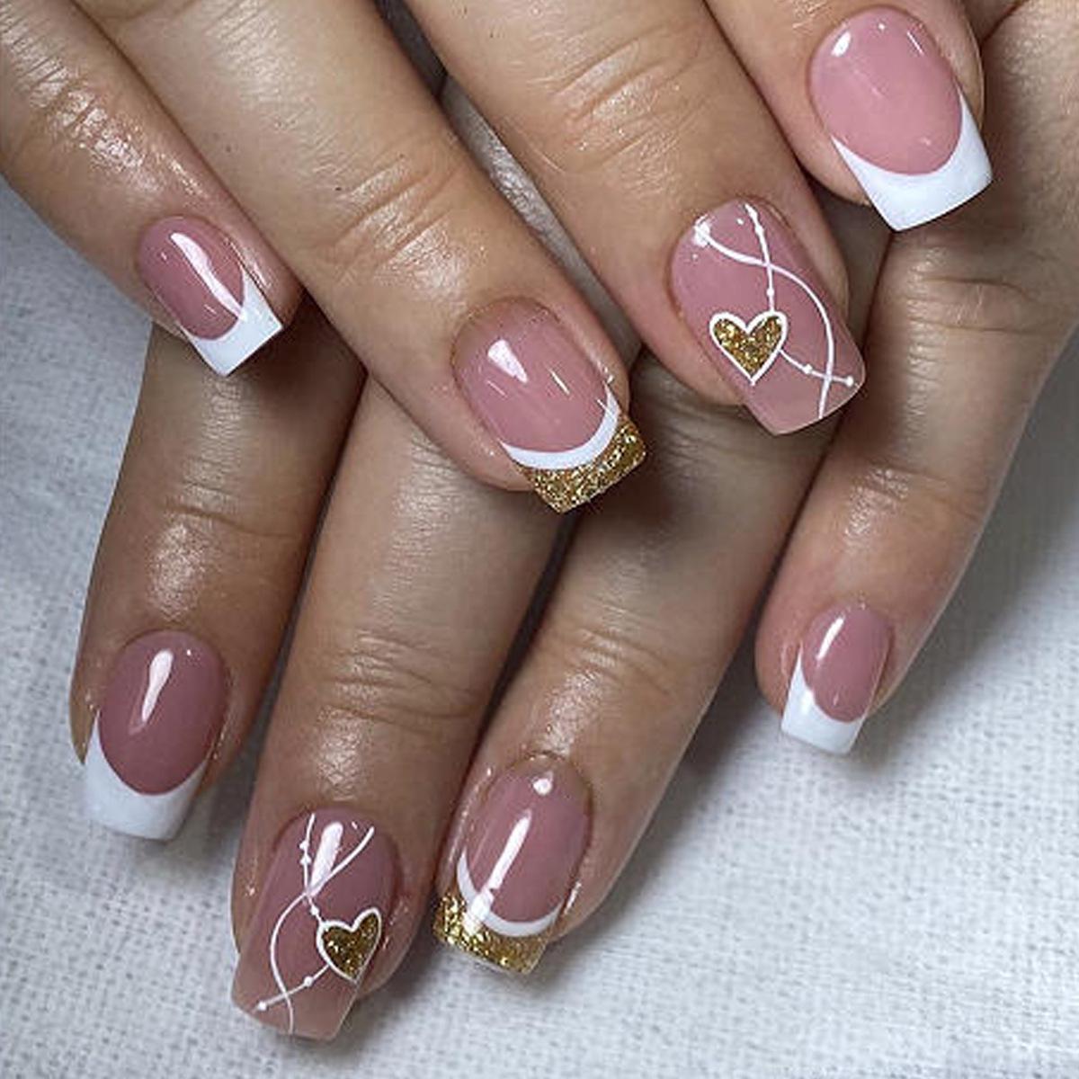 Valentine s Day Detachable Square White French Tip Nails with Gold Glitter Heart