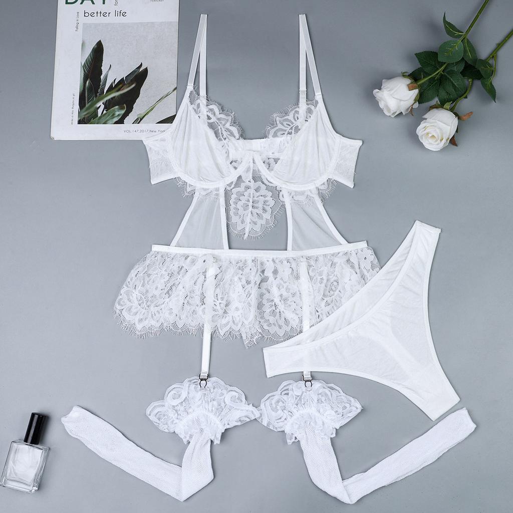 Longnet socks white lace lace hollow stitching cute skirt suspender top three-piece set 52