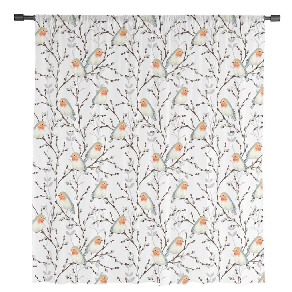 Willow Branch And Robin Tulle Curtains For Living Room Sheer Curtain For Bedroom Christmas Blinds Voile Curtains