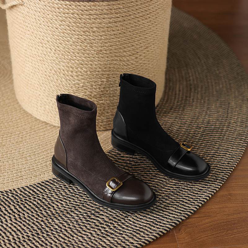 Krazing Po Microfiber Flock Winter Round Toe Size 33 Chelsea Boots Size 43 Zipper Metal Buckle Low Heels Ankle Boots