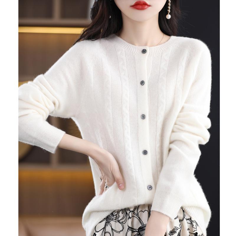 Women's Spring Cashmere Cardigan - Round Neck, Solid Color, Cable Knit, Loose Fit, 100% Pure Wool Sweater