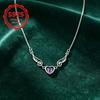 Ladies S Sterling Silver Layered Wing Heart Necklace with Purple Heart-shaped Synthetic Cubic Zirconia, Double-layer Chain Necklace, Hypoallergenic