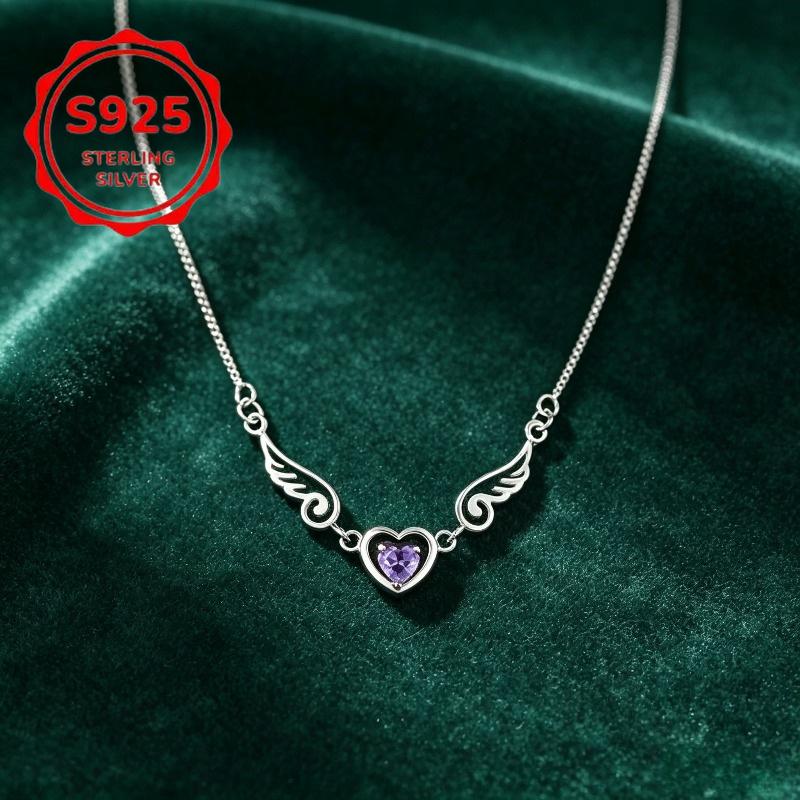 Ladies S Sterling Silver Layered Wing Heart Necklace with Purple Heart-shaped Synthetic Cubic Zirconia, Double-layer Chain Necklace, Hypoallergenic