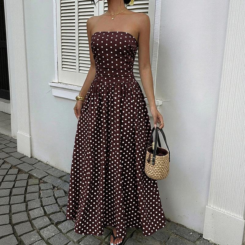 Womens Navy Blue Polka Dot Strapless High Waist A Line Maxi Dress