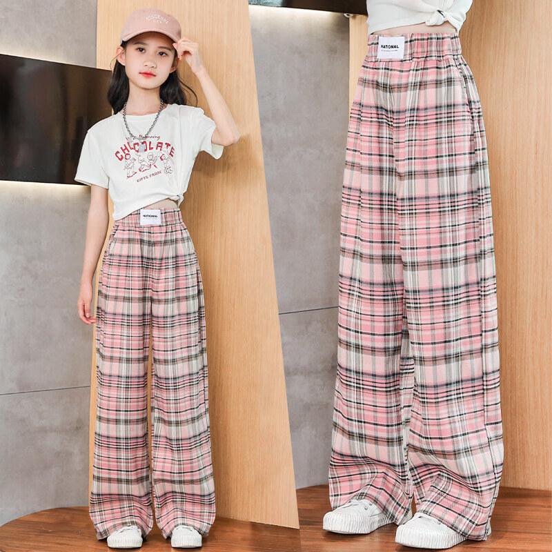 Moonkids Girls  Summer Ice Silk Anti-Mosquito Straight Wide-Leg Plaid Pants 160cm
