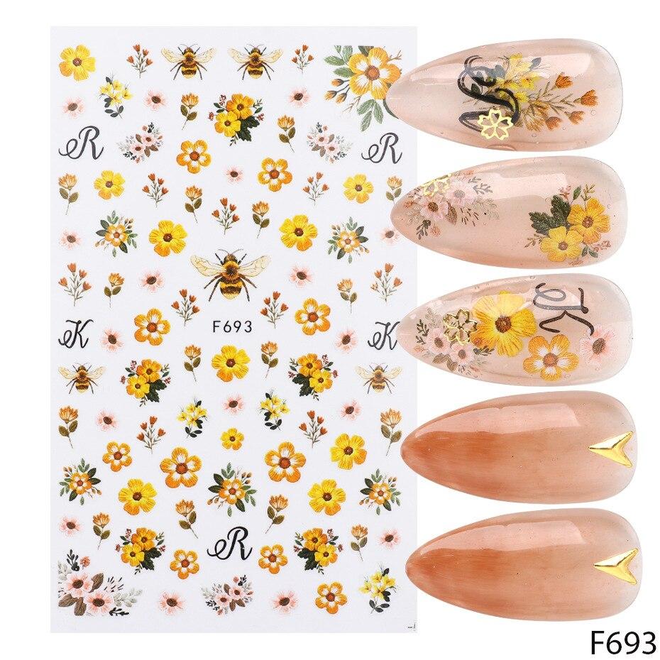 1pc 3D Nail Stickers Spring Summer Natural Flower Leaves Simulation Dried Flower Dragonfly Nail Applique Water Slides Decoration