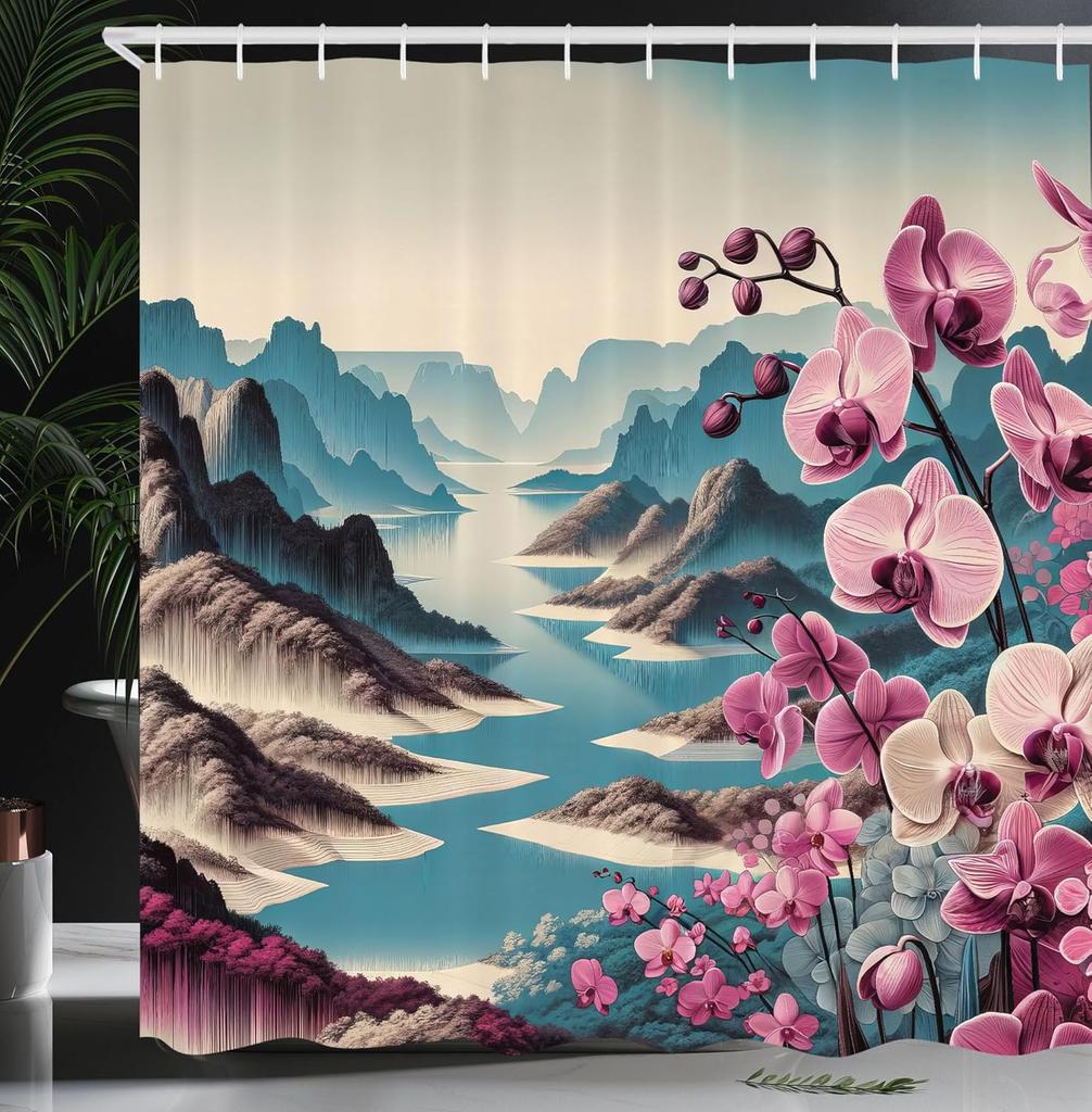 Japanese Wave Shower Curtain, Surfers On Classic Asian Artwork Style With Recreation, Cloth Fabric Bathroom Decor Set With Hooks