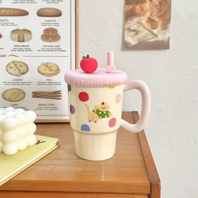 Apple Mug with Lid with Straw Cup Ceramic High Looking Girl's Heart Cup for Birthday Gift
