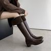 Autumn and Winter Women's Leather Boots Round Head Versatile Large Size Women's Boots Middle Heel Sleeve Square Heel Cowhide New Leather High Boots