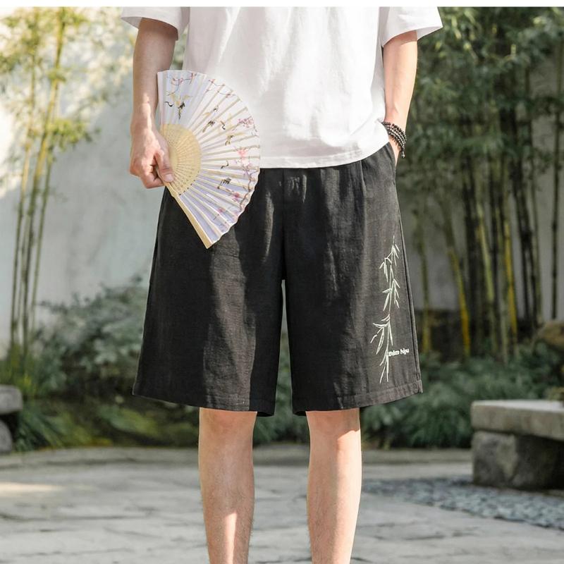 

Men s Linen-Textured Casual Shorts Lightweight Breathable Summer Shorts Printed Design Double Pleats Knee-Length 3XL чорний