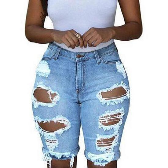 European & American Style High-Waisted Ripped Denim Shorts for Women