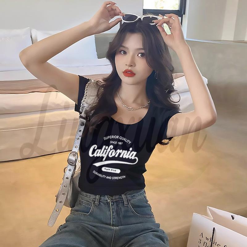 

Women s Spicy Girl Letter Print Short Sleeve Slimming T-Shirt S