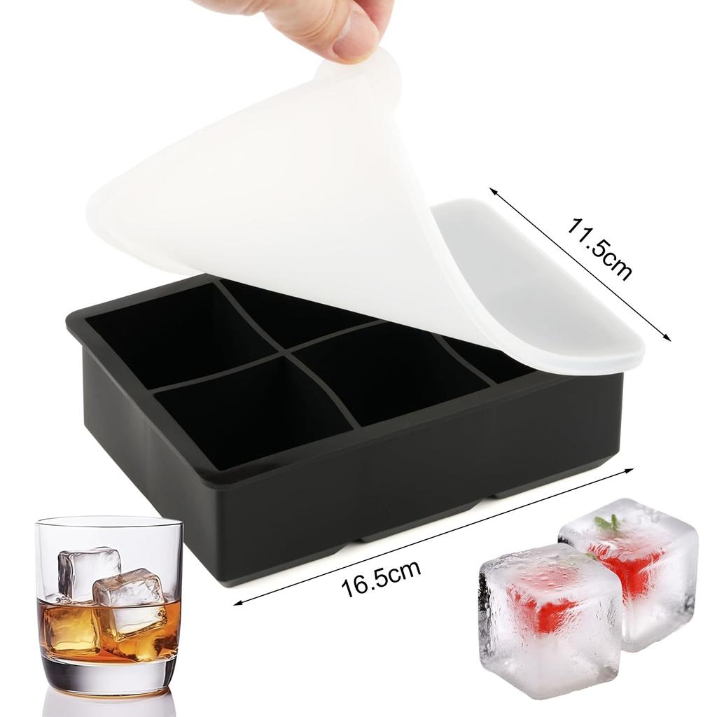 2Pcs Large Silicone Ice Cube Trays, 5cm Square & 6cm Sphere Ice Ball Maker, BPA Free, Easy Release, for Whiskey Cocktails, Black