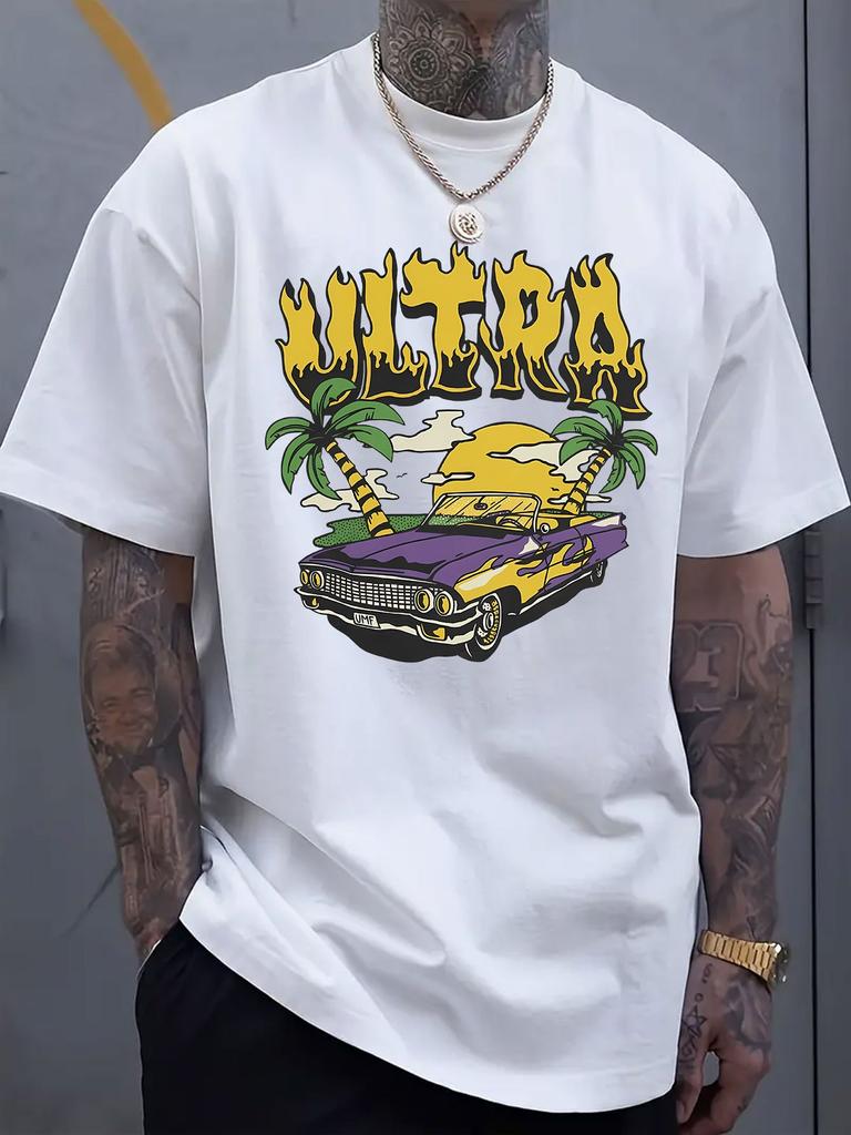Retro Car Graphic Printed Short Sleeved Luxury Cotton T-shirt for Summer Unisex Men and Women Casual Loose Fashion Trend