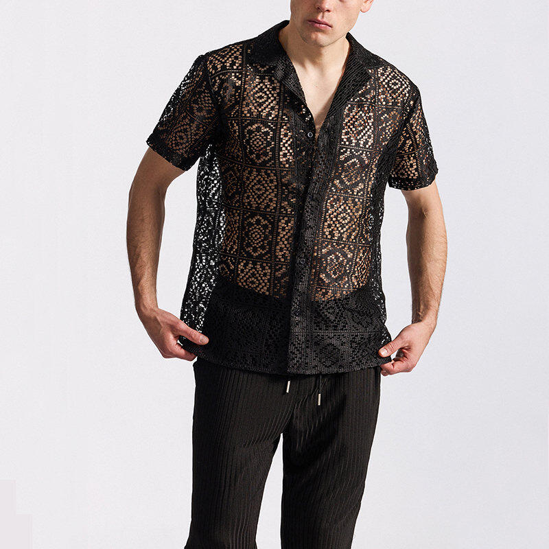 Men's Lace Short Sleeve Shirt Summer Casual Breathable Tops Fashionable Hundred Men's Tops