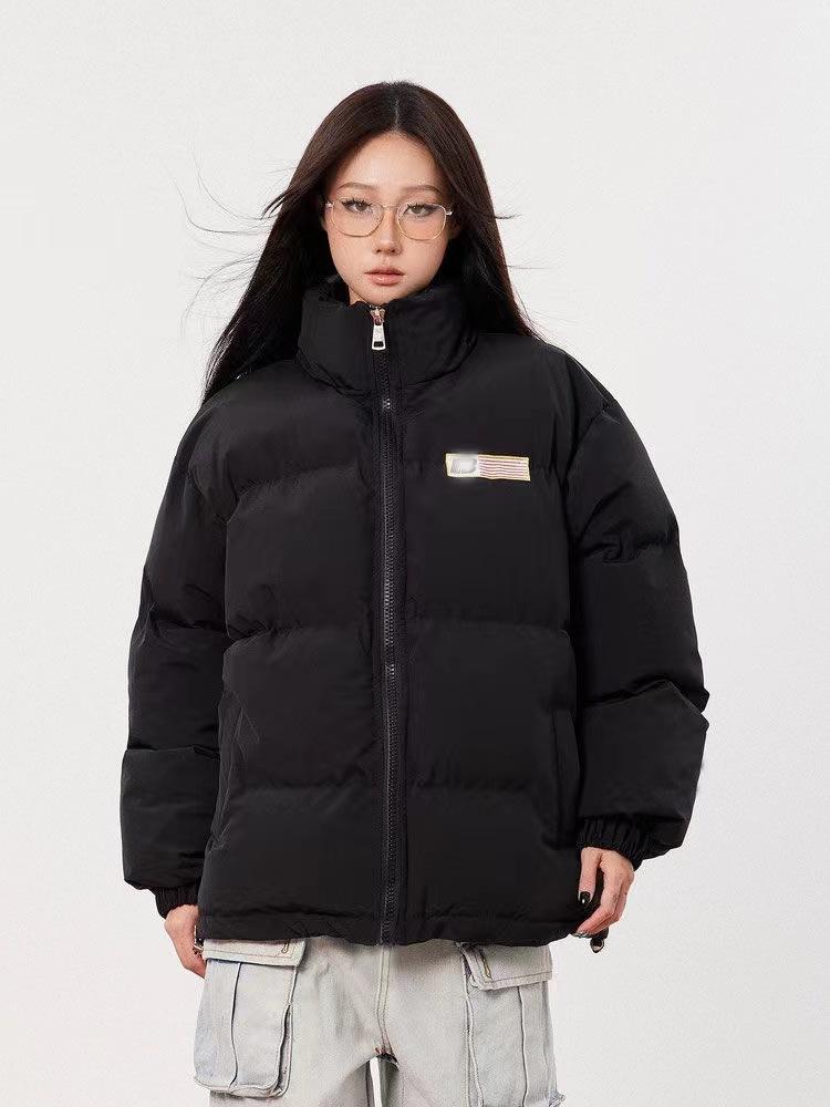 Flag printing retro stand-up collar  clothes for men and women in winter thickened loose couple coat bread