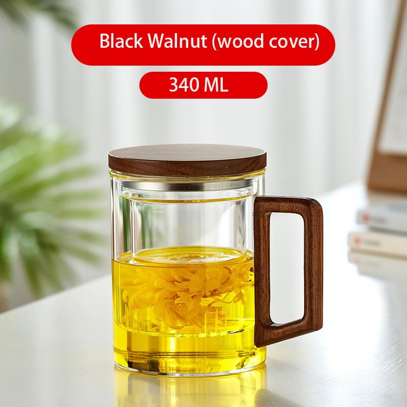 

Стакан для воды из утолщенного термостойкого стекла с крышкой из черного ореха и цельного дерева, встроенный фильтр для домашнего чайного сервиза, кофейная чашка 401-500ml