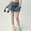 Denim Mini Skirt For Women High Waist Splicing Summer Ruffled Fashionable Casual For Teens