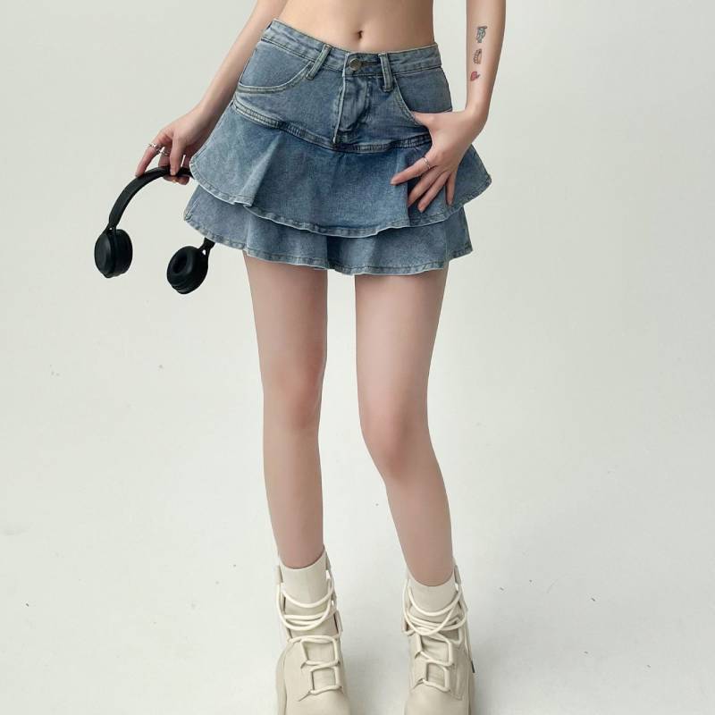 Denim Mini Skirt For Women High Waist Splicing Summer Ruffled Fashionable Casual For Teens