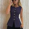 Spring and Summer Women's Metal Buckle Split Knitted Vest Slim Waistcoat Top Cardigan