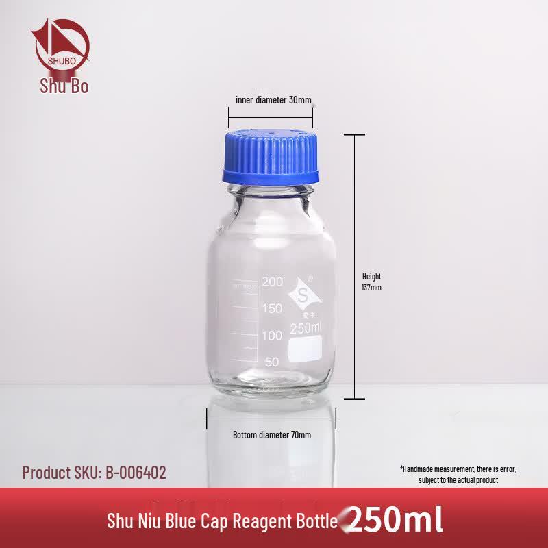 Shu Niu Transparent Glass Reagent Bottle with Blue Cap 250ml