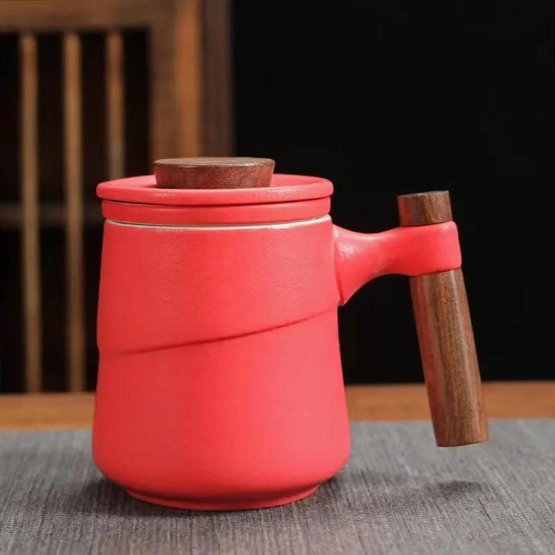 Black Ceramic Cup Wooden Handle Filter Tea Cup Ceramic Mug Creative Office Retro Elegant Water Cups and Mugs Aesthetic China Set Birthday Gift Box