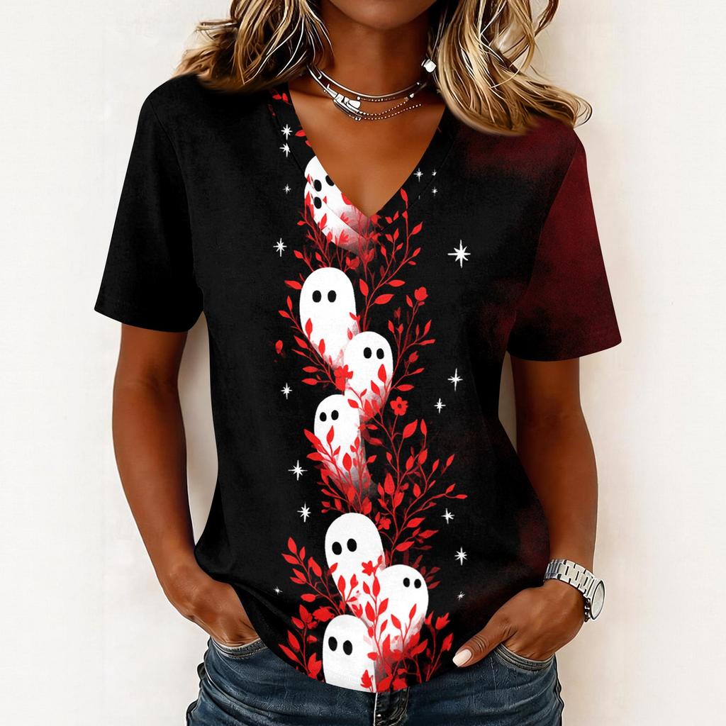 Women's Casual V Neck Pullover Top Halloween Ghost Print Short Sleeve Blouse Lightweight Comfortable Fit