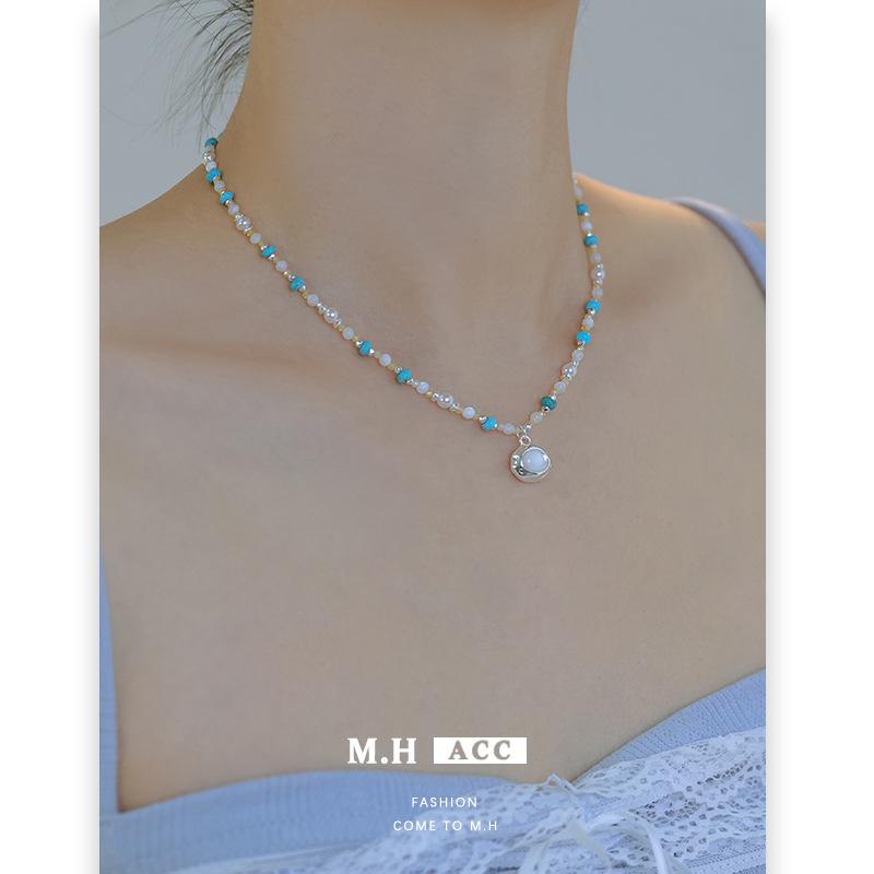 Fransk retro turkos pärlhalsband utsökt temperament mångsidig nyckelbenskedja halskedja grossist