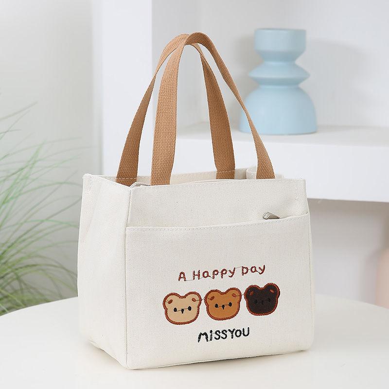 

Cartoon Cute Small Bear Printed Pattern Canvas Versatile Handbag Office Worker Lunch Bag Tote Bag