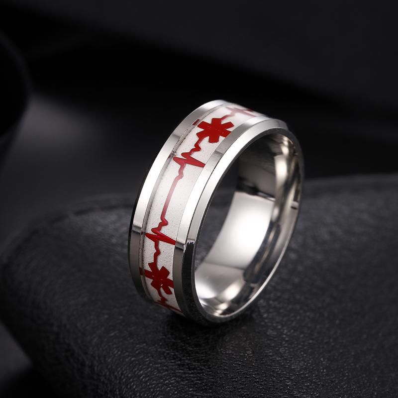 Ljusande Medicinsk Varning ID-ring för Män Kvinnor Rostfritt Stål 8MM Bredd ICE SOS Nödfall Finger Typ 1 Unisex