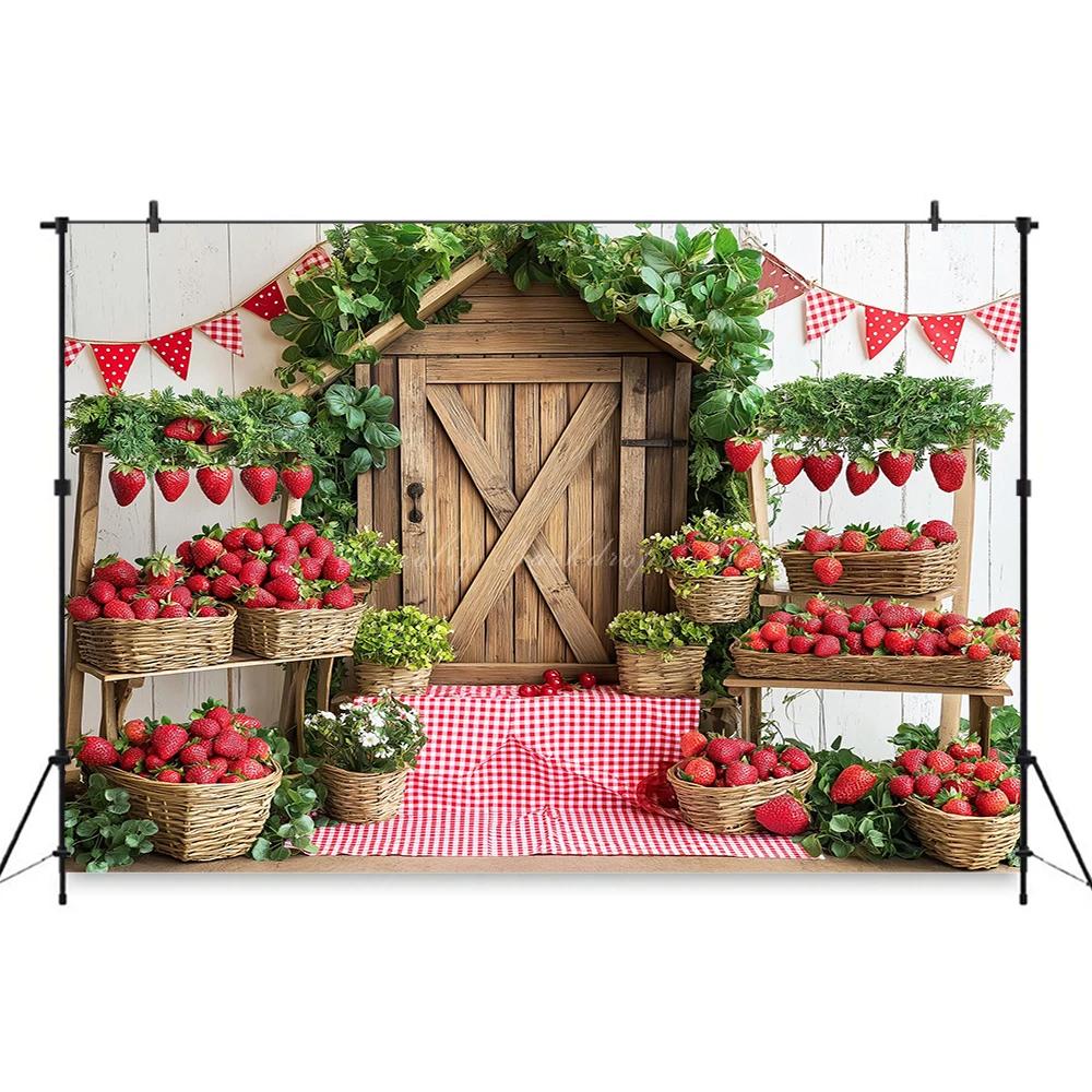 Rural Barn Door Strawberry Themed Birthday Party Background, Children's Birthday Party Decoration Photography Studio Background