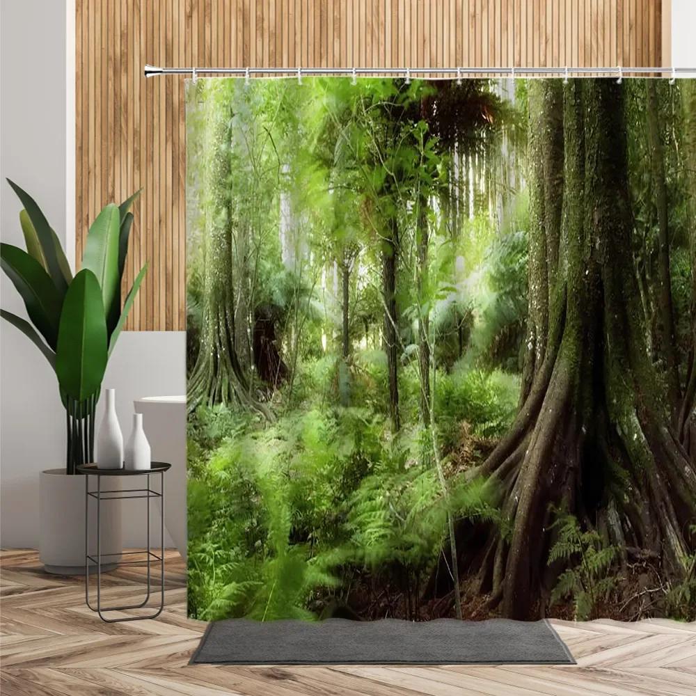 unframed Tropical Forest Shower Curtain, Nature Scenery Green Tundra Forest Waterfall River Animal Bridge, Bathroom Decorative
