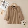 Women Casual V-Neck Solid Color 3/4 Sleeve Loose Blouse