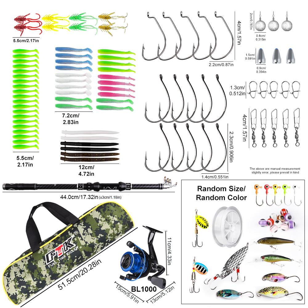 FTK 106pcs 1.8m Fishing Rod and Reel Float Lure Set Carbon Fiber Telescopic Fishing Rod  Spinning Reel for Saltwater Freshwater