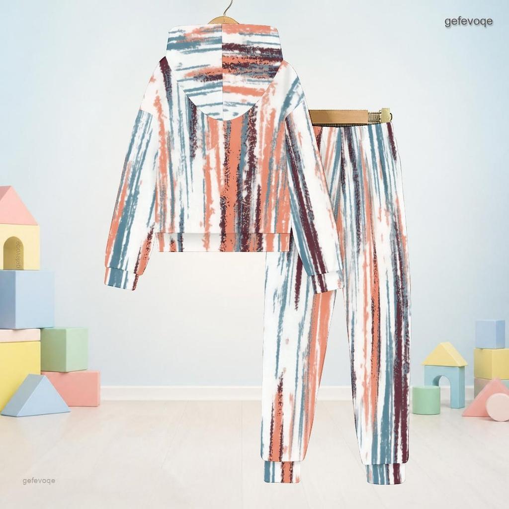 Kids Boys Girls Hooded Long Sleeve Striped Printed Sweatshirt Cuffed Pants Two Piece Set