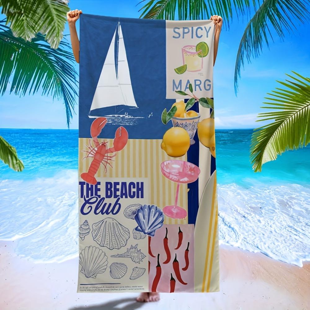 

1pc Beach Towel - Windproof & Sun-Proof Ultra-Soft Microfiber with Vibrant Beach Club Design Boats, Cocktails, Lobster W40*H60(CM)