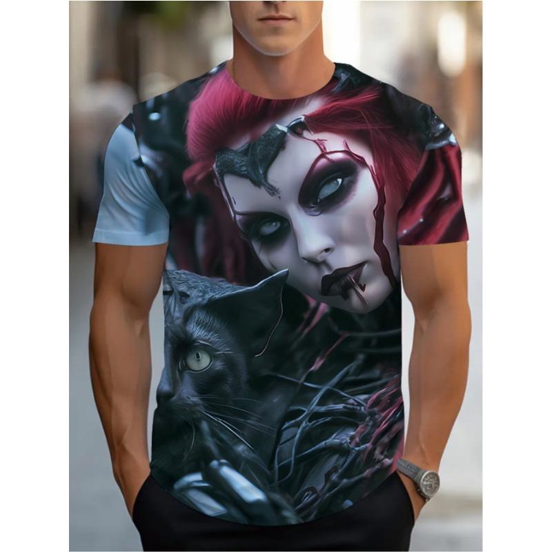 

Gothic Witch Cat Men S 3D Printed T-Shirt, Vibrant Round Neck And Short Sleeves, Summer Outing, S