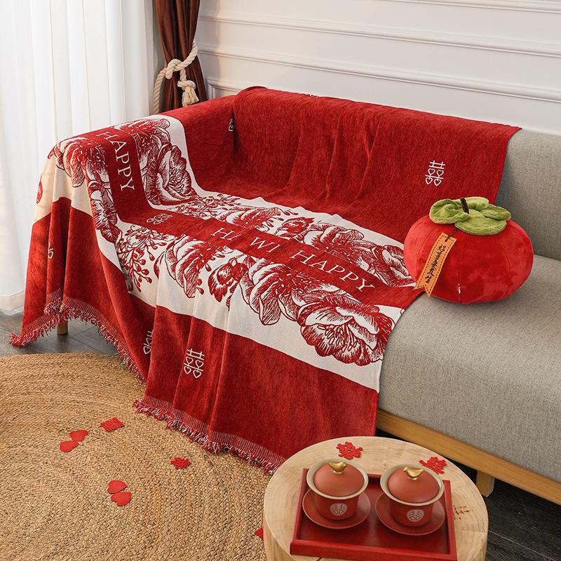 Wedding Celebration Sofa Towel Four Seasons Universal Non-Slip Seat Cushions Wedding Room Layout Bright Red Sofa Cover Full Cover Cloth