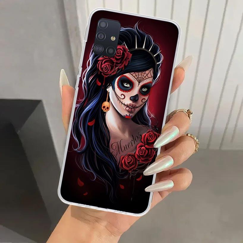 Catrina Beautiful Rose Girl Skull Phone Case for Samsung Galaxy A52 A42 A32 A22 A12 A02S A72 A51 A50S A41 A31 A21S A71 A40 A30S
